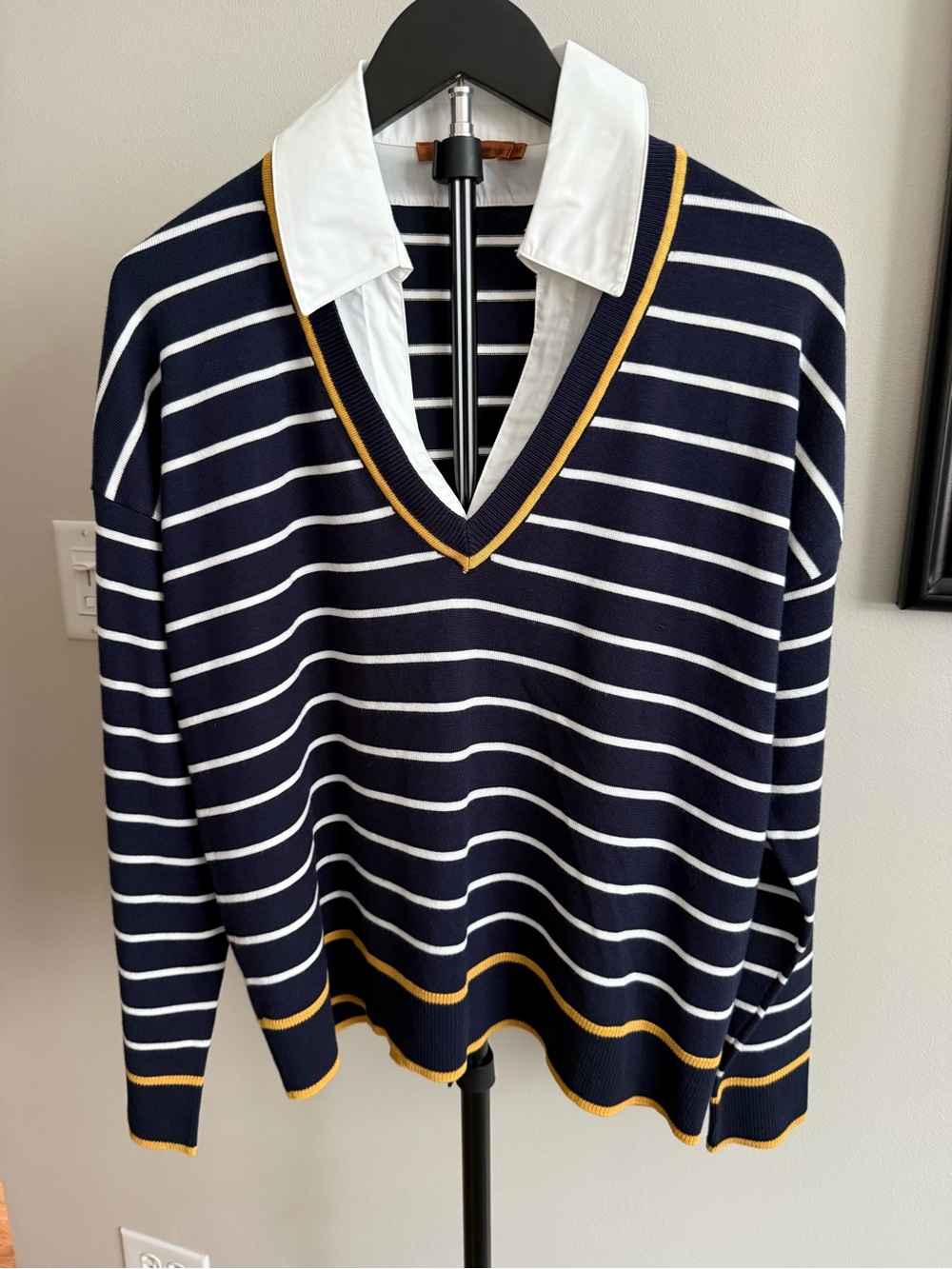 Belldini Navy and White Striped V-Neck Sweater with Gold Trim Accents